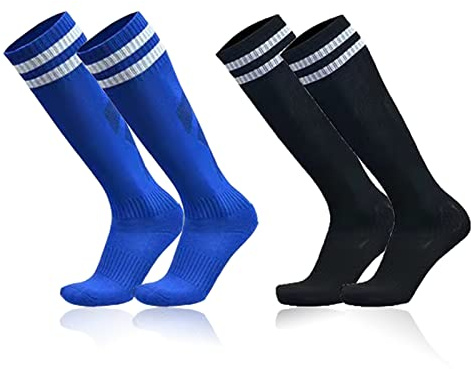 lvzhen 2 Pairs Kids Football Socks, Nonslip Blue Black Football Socks for Boys Girls Breathable Long Training Sport Soccer Sock for Teenagers Ages 5-12 Years