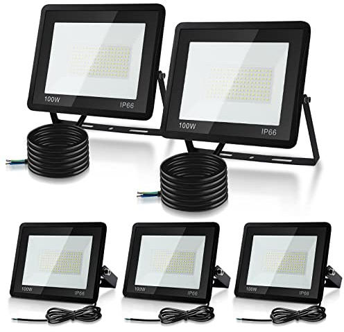 Joparri 5er 100W LED Strahler Außen, Fluter 3000K Warmweiß 8500LM Scheiwerfer IP66 Wasserdicht Flutlicht Außenstrahler Außenleuchte für Werkstatt Garage Garten
