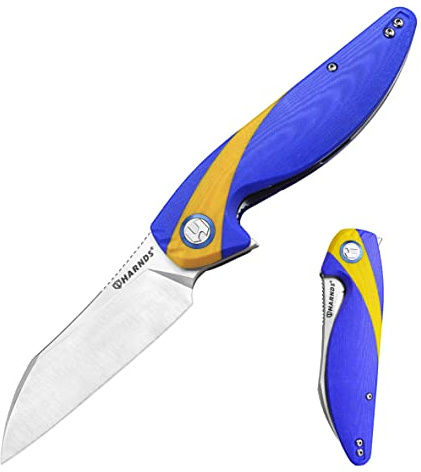 Harnds Parrot Klappmesser,Camping messer mit 91mm 14C28N Klinge und messerkantenverschluss und Rutschfester G10-Griff, Klapp-Taschenmesser mit Clip für Outdoor Selbstschutz (Blau mit Gelb)