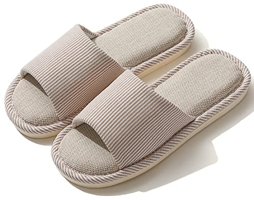JIJIe Slippers for Women Men Linen Slippers Open Toe House Shoes Summer Sandals for Indoor Outdoor Bedroom (Khaki 40/41)