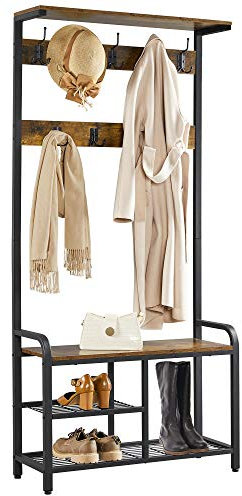 Yaheetech Garderobenständer mit Kleiderhaken und Schuhregal Kleiderständer Sitzbank bis 120 kg belastbar Industrie-Design Garderobe für Schlafzimmer/Flur/Eingangsbereich, 84 x 30 x 183 cm