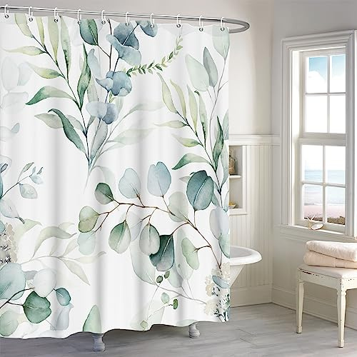 MIRRORANG Rideau de Douche Feuille Verte, Rideau de Douche Plantes Ensemble de 12 Crochets, Rideaux de Salle de Bain Tissu Durable Lavable en Machine,183x183cm