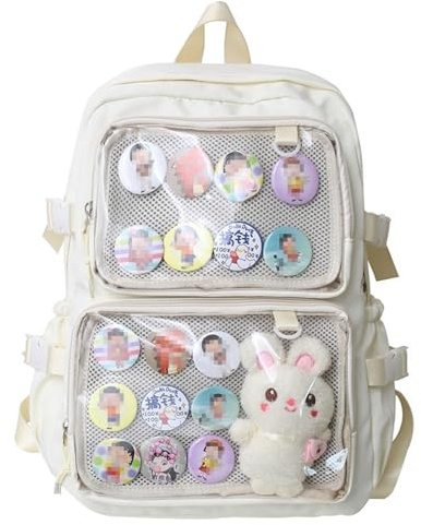 VAZZIC Niedlicher Taschenrucksack for Damen, Kawaii-Tagesrucksack, Büchertasche, Itabag, durchsichtiges Fenster for Pins, Cosplay, den täglichen Gebrauch (Color : White, Size : 12.2 * 5.1 * 17.3in)