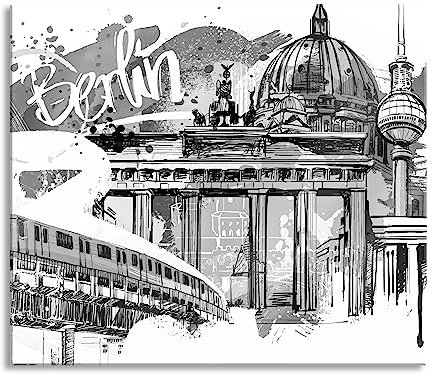 Berlin et ses monuments abstraits, plaque de recouvrement monochrome et protection anti-éclaboussures en verre véritable | Pour plaques de cuisson | 60 x 52 cm