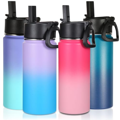 Volhoply 16 OZ Kids Water Bottle Bulk 4 Pack,Insulated Sports Bottles with Straw Lid,Stainless Steel Bottle with Handle Keep Cold,Double Wall Vacuum Tumbler Cups for School,Girls(Assorted, 4)
