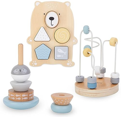 mamabrum Holzspielzeug-Set - Motorikschleife, Pyramide, Sortierbär & Sortierbrett für Baby & Kleinkind ab 10 Monaten - Montessori-Lernspielzeug zur Förderung (6-teilig)