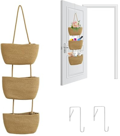 AOOGON Hängeorganizer, Hängekorb aus Baumwollseil Gewebt, Dreischichtiges Multifunktionales und Abnehmbares Tür Wand Organizer mit 2 Hängendem Haken für Schlafzimmer, Wohnzimmer