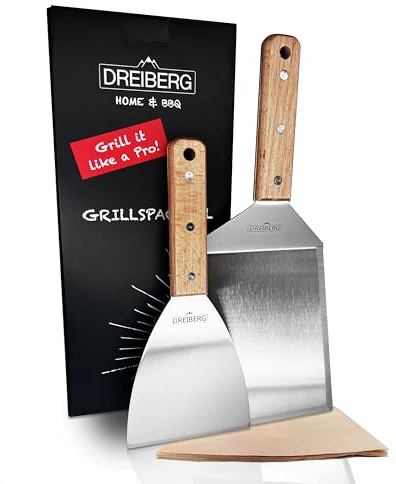 DREIBERG® Barbecue Spatula Set with Beech Wood and Stainless Steel Including 20 Pieces Burger Paper - Grill Spatula for Smash Burgers. Smash Burger Set, Ideal as a Smashed Burger Press