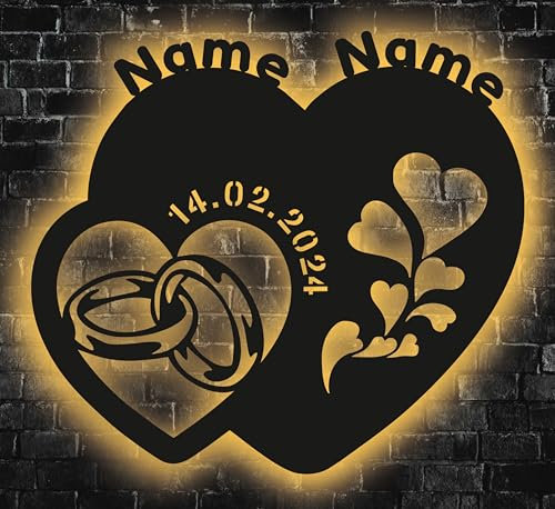 WALUNA® Hochzeitsgeschenk LED – personalisiertes Liebesgeschenk mit Herzen & Eheringen, Namen & Datum – individuelles Geschenk zur Hochzeit, Jahrestag & Verlobung in 12 Farben
