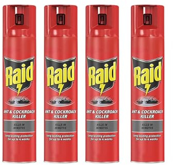Raid Ant & Cockroach Killer Spray Indoor Use Bug Treatment in Minutes 4 Weeks Lasting 300ml Pack of 4 with Welari Thank You Card |(4 Pack) (4 x 300ml)