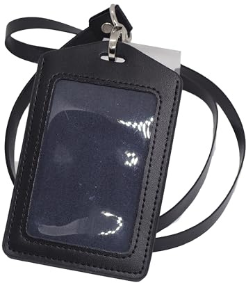 BAWAKO 2er Ausweishüllen echt Leder, ID Kartenhalter Ausweishalter aus robustem Leder, ID Badge Holder mit PU leder Band (Schwarz, V)