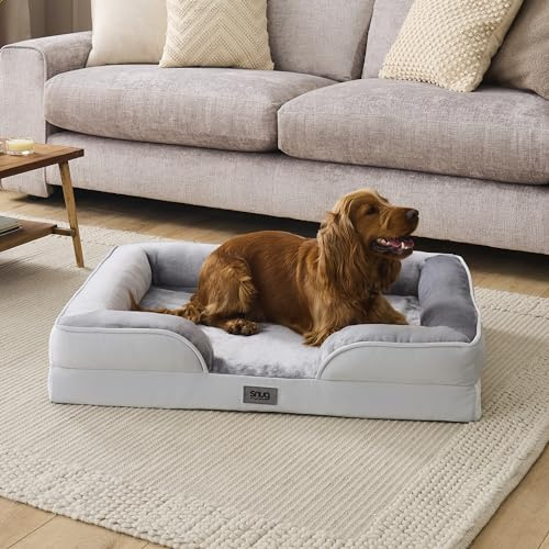 Snug Orthopaedic Dog Bed - Cosy Comfortable Pet Bed with Ergonomic Egg Crate Foam for Body & Head Support - Super Soft Velvet Removable Washable Cover with Non-Slip Base, Large 63.5x89cm, Grey