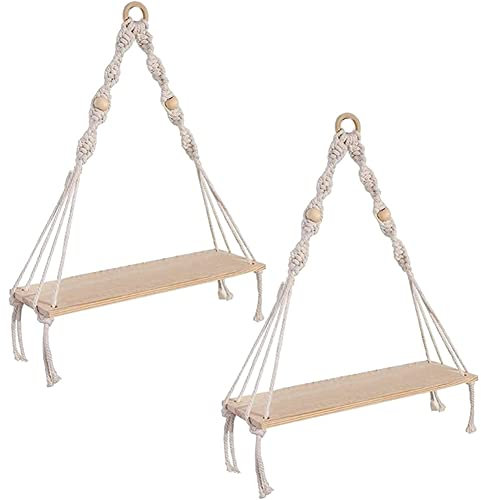 Elqubkan Estante Colgante de Pared, Estantes Boho con Estante de Madera, Estante de Macramé Hecho una Mano de 2 Piezas para Colgar Plantas y DecoracióN