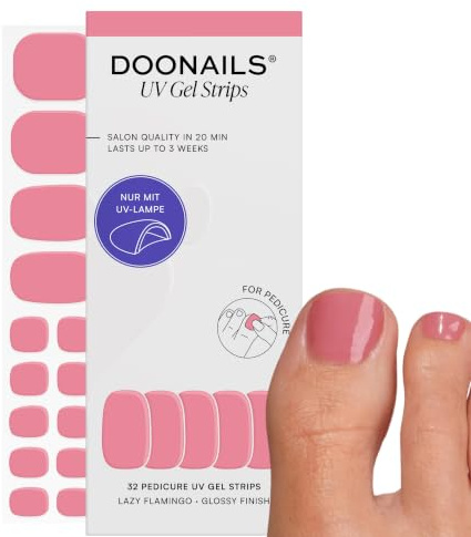 Doonails – Lazy Flamingo Pediküre Gel Folien – 32 UV Gel Strips in 16 Größen auch für breite & kleine Nägel – Nagelfolien selbstklebend & UV härtend – Nagelaufkleber bis zu 14 Tagen Halt