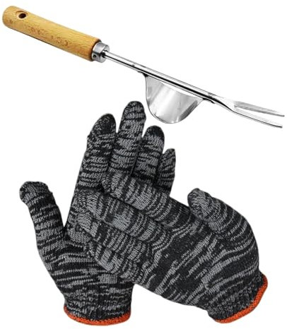 ZBHDEYG 1 Piccone in Acciaio Inossidabile, 1 Paio di Guanti da Giardinaggio, Set di Attrezzi da Giardino, Piccone con Manico in Legno, Gancio per Denti da Diserbo, Strumento per Diserbo Manuale
