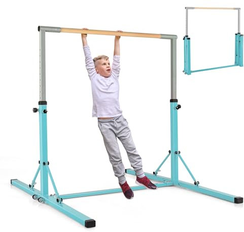 COSTWAY Barra de Gimnasia Plegable para Niños, Barra Horizontal Gimnasia, Alturas Ajustables de 13 Posiciones, Carga 100kg, Casa, Gimnasio (Verde)