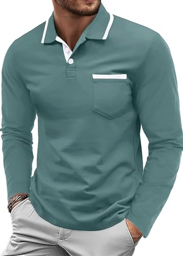 QIXING Herren Poloshirt Langarm Golf Polo Klassisches Baumwoll-Polo mit Brusttasche Casual Polo T-Shirt Pullover