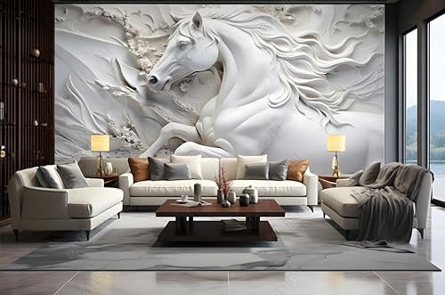 ZYHFDC Papier Peint Panoramique Relief en plâtre du cheval blanc Tableaux Muraux Tapisserie Photo Décoration Murale Salon Chambre 400CM(L)*280CM(H)