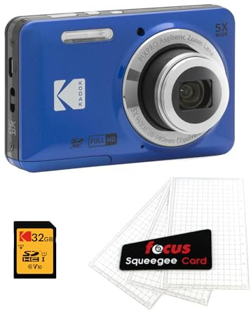 Kodak PIXPRO Friendly Zoom FZ55 Digital Camera (Blue) Bundle with 32GB Memory Card and Digital Camera LCD Screen Protectors (3 Items)