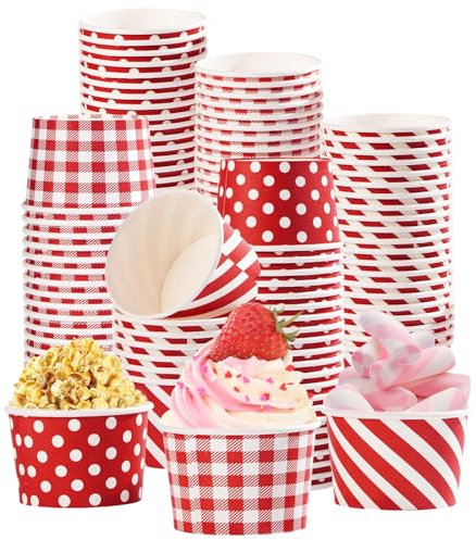 120Pcs Valentine's Day Snack Cups 12 oz Disposable Red Buffalo Plaid Paper Ice Cream Cups Polka Dot Food Yogurt Cup Containers Red Stripe Snack Bowls for Soups CandiesValentine Theme Party Supplies