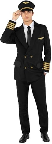 Morph Pilotdräkt Herr - Komplett Flyguniform med Svart Kavaj, Gulddetaljer, Pilothatt, Slips & Skjortinsats