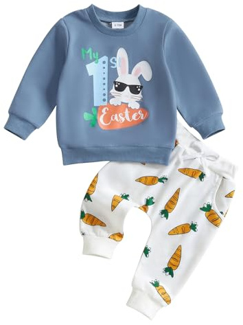 Vioyavo My First Easter Outfits for Newborn Toddler Baby Boys Bunny Carrot Print Sweatshirt Elastic Waist Long Pants 2Pcs Clothes Set (Blue, 6-12 Months)