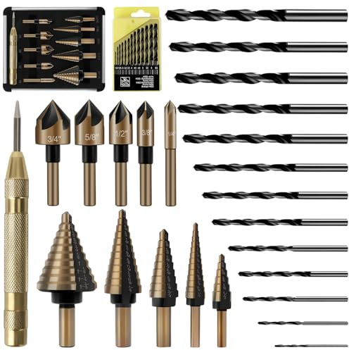 5 Stück Stufenbohrer(5-13 mm, 3-13 mm, 6-19 mm, 5-22 mm, 6-35 mm) und 5-Teiliges Senker-Bit-Set(6-19mm), 1 Automatischer Körner, 13 Spiralbohrer Set(1,5-6,5mm), für Dünne Eisenplatte, Holz, Kunststoff