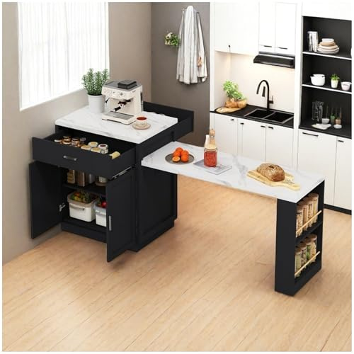 Wyibwy Isola da cucina con tavolo da pranzo allungabile per 4-6 persone,prese elettriche,armadietti,2 cassetti e 2 ripiani aperti sui lati,tavolo con piano d'appoggio bianco,armadietti neri