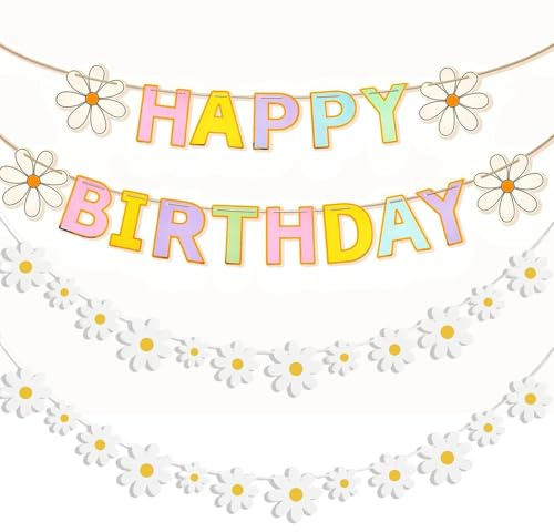 Gänseblümchen Happy Birthday Banner Boho Party Dekorationen Frühling Gänseblümchen Papier Girlande für Geburtstagsfeier Macaron Blume Thema Party Dekor