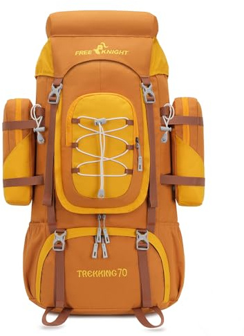 Bseash Zaino impermeabile da 70 l (65 + 5) da campeggio con copertura antipioggia, zaino da viaggio per sport all'aria aperta per arrampicata e alpinismo (giallo)