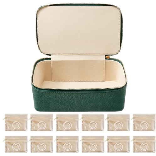 Jokapy Valigetta da viaggio con 12 sacchetti in velluto con chiusura lampo, per anelli, orecchini, collane, bracciali (verde)