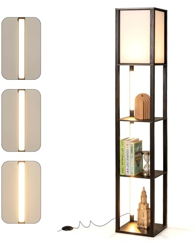HOMASIS Stehlampe, Stehleuchte mit 3 Regaln aus Holz, Standleuchte E27 mit 3 drehbare Led-Lampen, Standlampe mit 3-Farbtemperatur, Bodenlampe für Wohnzimmer, Schlafzimmer, 29x29x163cm (Seitenlampe)