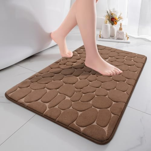 chakme Badematte rutschfest, 50x80 cm Braun Badezimmerteppich | Memoryschaum Badteppich, Waschbar Badvorleger, Wasserabsorbierend Kieselsteine Duschvorleger