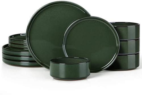 Herogo 12 Pieces Stoneware Dinnerware Set for 4, Ceramic Dinner Dishware Sets for Home Kitchen, Plates and Bowls with Rustic Terracotta Bottom, Dishwasher & Microwave Safe, Dark Green