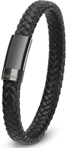 Casisto.J läderarmband män armband män äkta läder flätade breda armband med gravyr rostfritt stål magnetlås omslagsarmband, 22cm, Läder Rostfritt stål