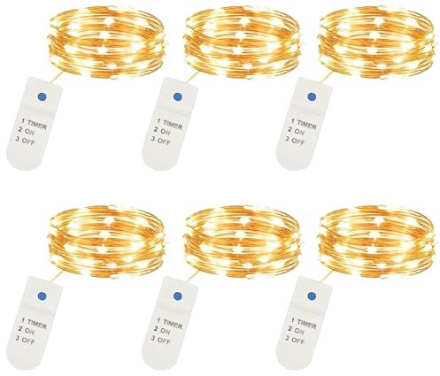 6 Stück LED Lichterkette mit Batterie und Timer, 2M Mini Lichterkette, Drahtlichterkette Mini Wasserdicht, Geeignet für Party, Hochzeits und Weihnachtsdekorationen (Warm Weiß)