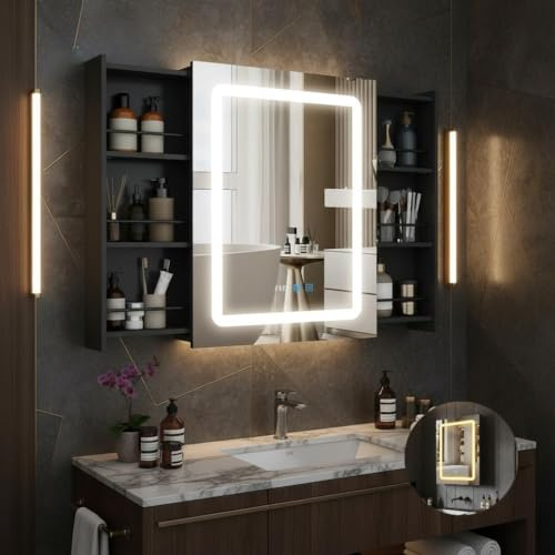 YU YUSING Spiegelschrank Bad mit LED Beleuchtung 55-103x16x70cm, Schwarz | Badezimmerschrank mit 2 Verschiebbare Stauräume 6 Regale, Beschlagfrei, 3 Farben Dimmbar, Hängeschrank