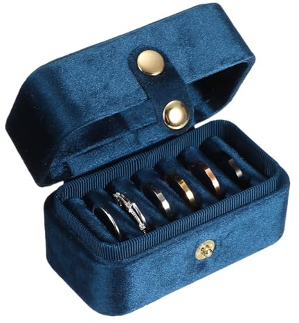 sourcing map Caja de terciopelo para anillos de 6 ranuras, 3.35 x 1.85 x 1.97 pulgadas, pequeña caja de joyería de viaje, estuche de almacenamiento para ceremonias de viaje, boda, color azul oscuro