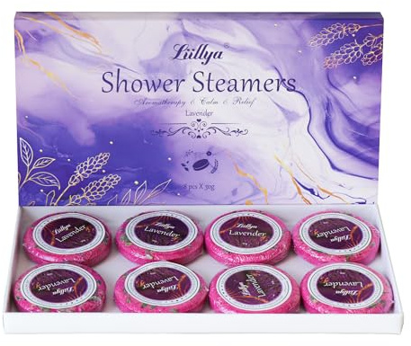 Liillya Bombe de Douche à la Lavande – Lot de 8 Vapeur de Douche d’Aromathérapie aux Huiles Essentielles Naturelles, Relaxation & Soulagement du Stress, Cadeau Bien-Être Femme & Homme