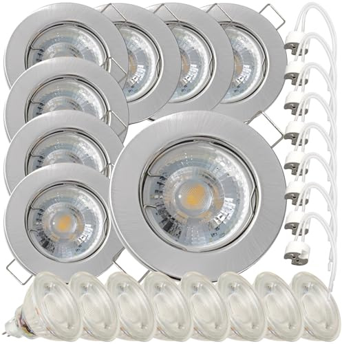 Lampen-Platz 8 Stück LED Einbaustrahler Lotta 12V 5W COB Warmweiß 3000K | IP20 | Edelstahl gebürstet | Kompakte Einbauleuchte | Deckenspot für Wohnbereich