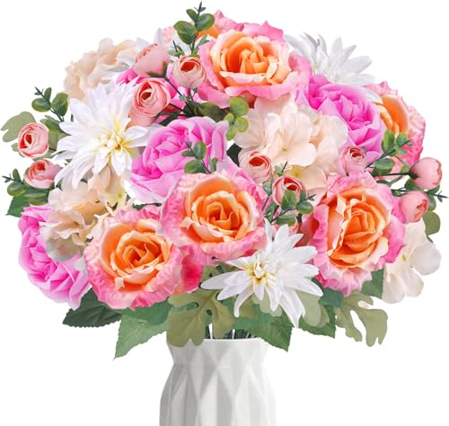 Fairblo Fleurs Pivoine Artificielles Roses 52 cm Fausse Fleur en Soie Bouquet de Fleurs Artificielles Hortensia Artificielle Decoration pour Table Vases Centre de Table Mariage