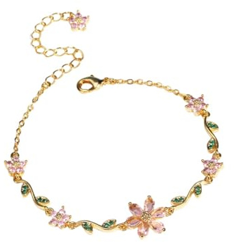 Bracelet Femme Fleur de Cerisier Strass, Bracelet Rigide à Maillons et Pétales en Cristal Rose | Bijou Fin et Ajustable Plaqué Or et Argent (Gold)
