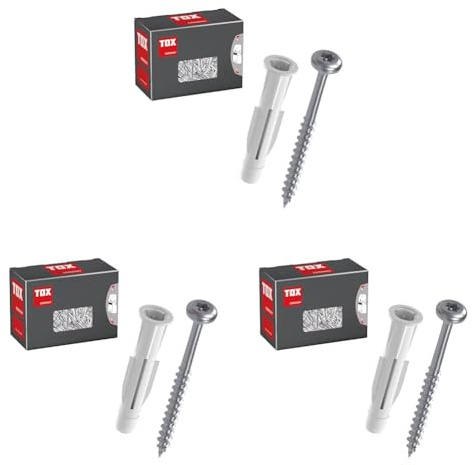 TOX Allzweckdübel TRIKA 6/36 + S, Dübel und Panheadschraube für fast alle Baustoffe, einfache Montage, mitdrehsicher, Dübelkappe schont die Oberfläche, 30 Stück im Karton, 01119184 (Packung mit 3)