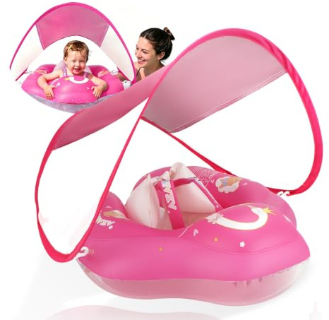 WYRIAZA Salvagente Neonato con Parasole Rimovibile SPF 50+ Salvagente con Seggiolino di Sicurezza Ciambella Neonato Mare Bambino 1 2 3 anni (S 3-12Mesi 5-8Kgs)