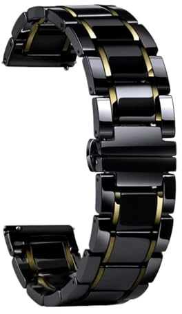 Keramiskt klockband med snabbkoppling justerbart spänne Universalrem for män kvinnor(Black and gold,16mm)