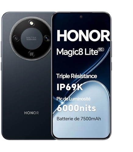 HONOR Magic8 Lite Smartphone 5G, display AMOLED da 6,79 pollici, tripla resistenza IP68/IP69K, batteria da 7500 mAh, fotocamera da 108 MP con OIS, doppia SIM, NFC (Black, 256, GB, GB, 8)
