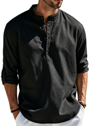 Cegerne Camicia Lino Uomo Maniche Lunghe Estiva Leggera Traspirante Henley Casual Maglietta Casacca Vacanze Spiaggia, Nero, XL