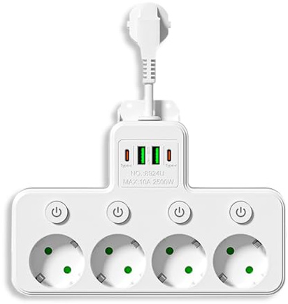 Vexnaro Regletas Enchufes con USB C, 8 en 1 Ladrón Enchufes Multiples USB, 4 enchufes múltiples con Interruptor Individual Enchufe Alargador Multiple Pared para Oficina, Cocina, Compatible con Móviles