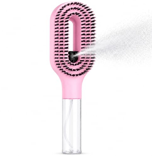 Spazzola Districante Spray 2 in 1, Spazzola Anti Crespo con Serbatoio d’Acqua da 50 ml, Spazzola Districante Portatile per Capelli Asciutti e Bagnati, Donna, Uomo e Bambini (Pink)