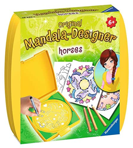 Ravensburger Mandala Designer Mini Horses 29986, lära sig att rita för barn från 6 år och uppåt, ritningsset med mandala mall för färgglada mandalor